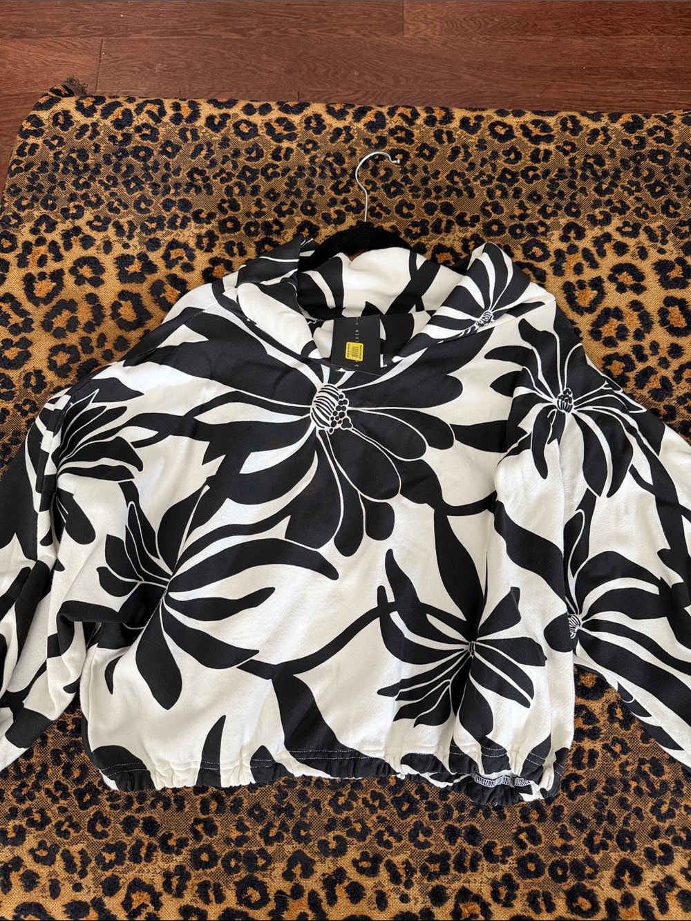 bryn Walker Black & White Bold Floral Cropped Hoodie